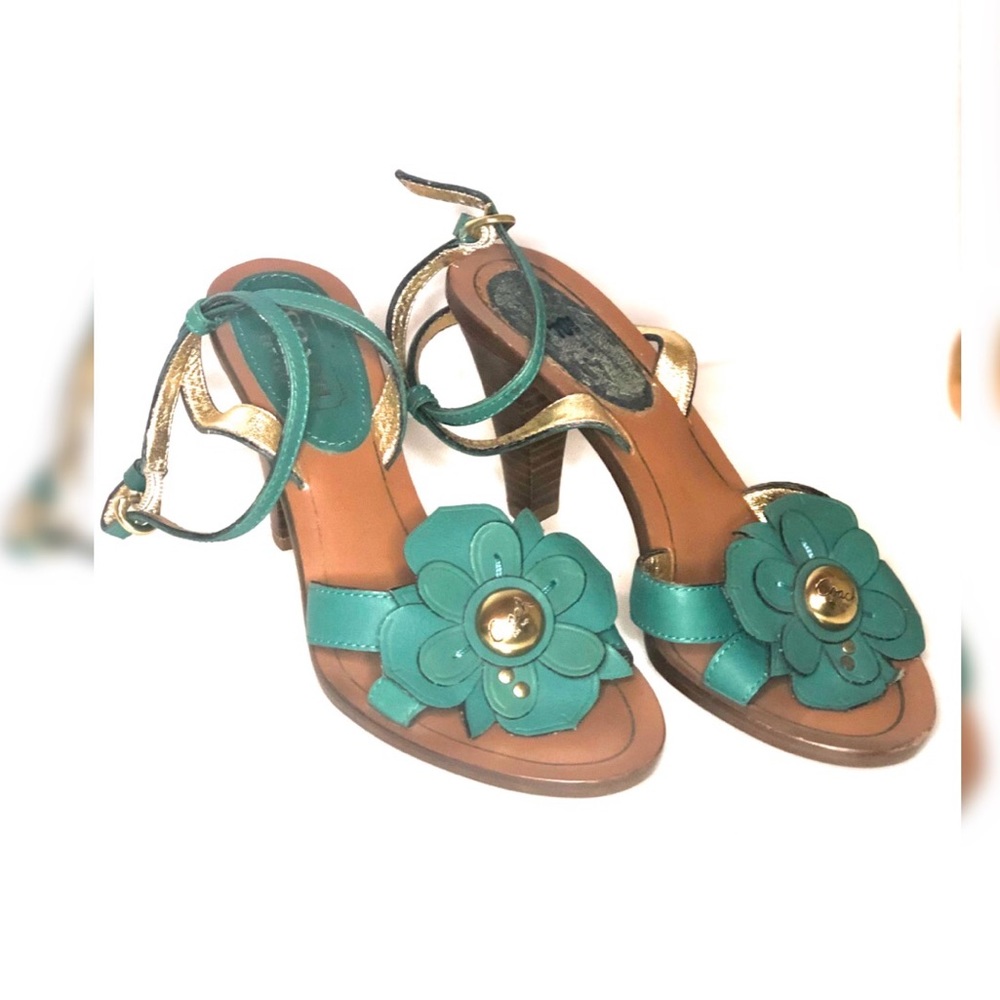 Coach Teal Flower w/ Gold accent heel sandals